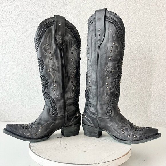 Lane COSSETTE Womens Cowboy Boots 6 Black Leather Western Cowgirl 15" Tall - Picture 7 of 12